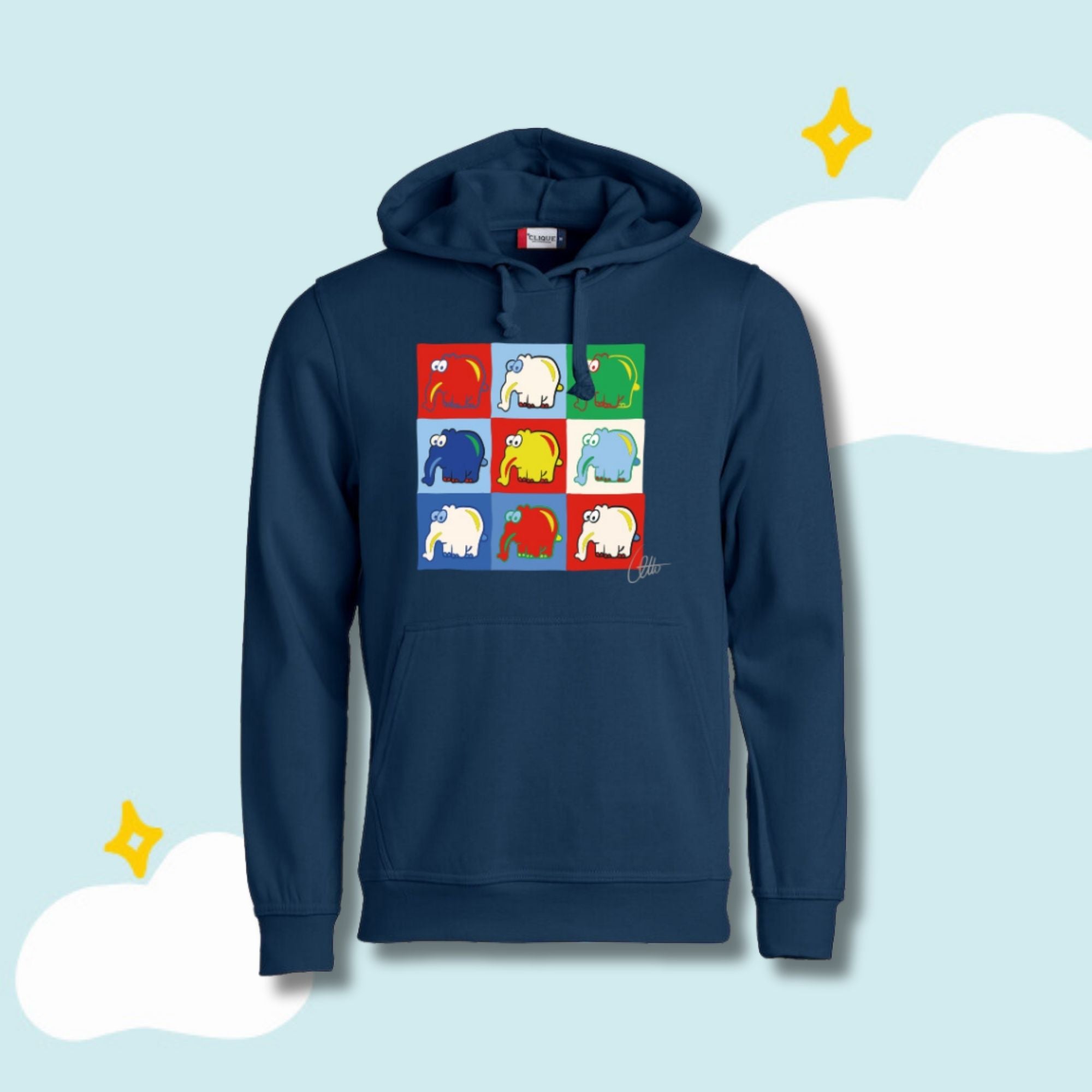 Kinder-Hoodie Collage im Ottifanten Andy Warhol Stil Kapuzenpullover by Otto Waalkes in dunkelblau