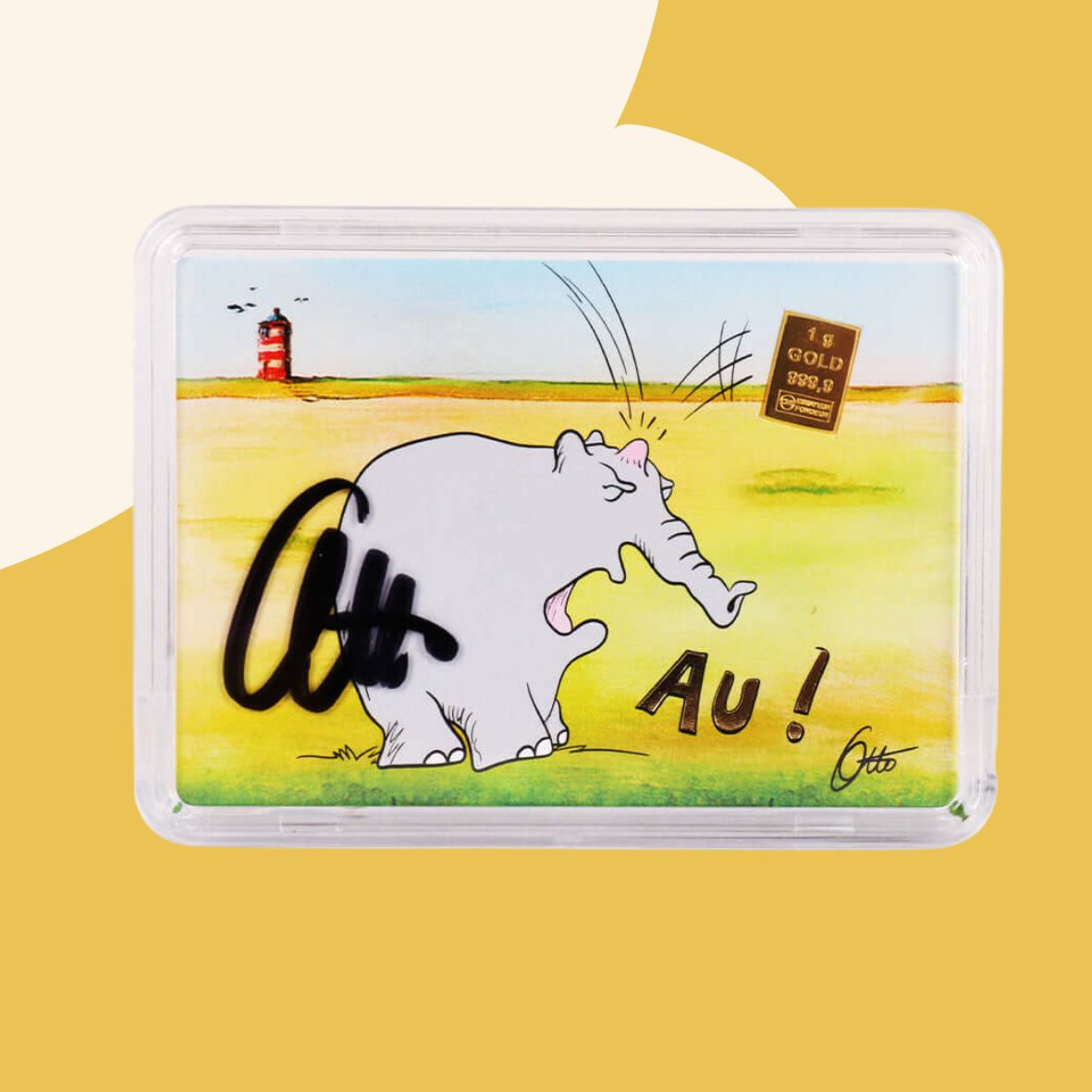 1g Ottifant Goldbarren in "Au" Motivbox -Schutzkapsel + Original Signatur von Otto Waalkes
