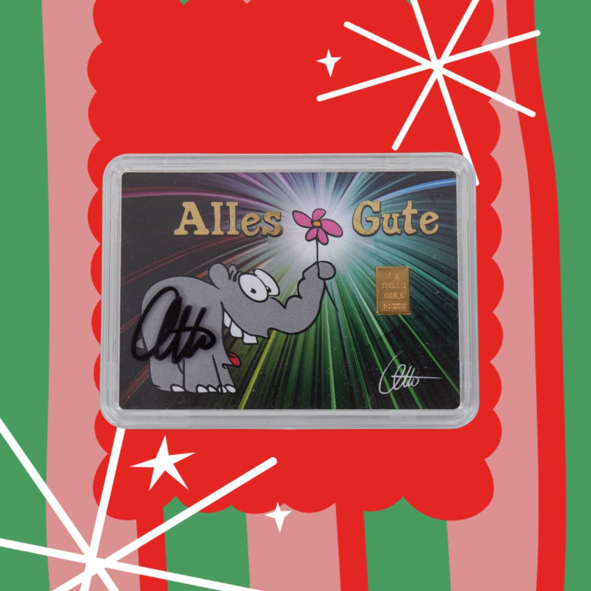 1g Ottifant Goldbarren in "Alles Gute" Motivbox -Schutzkapsel + Original Signatur von Otto Waalkes