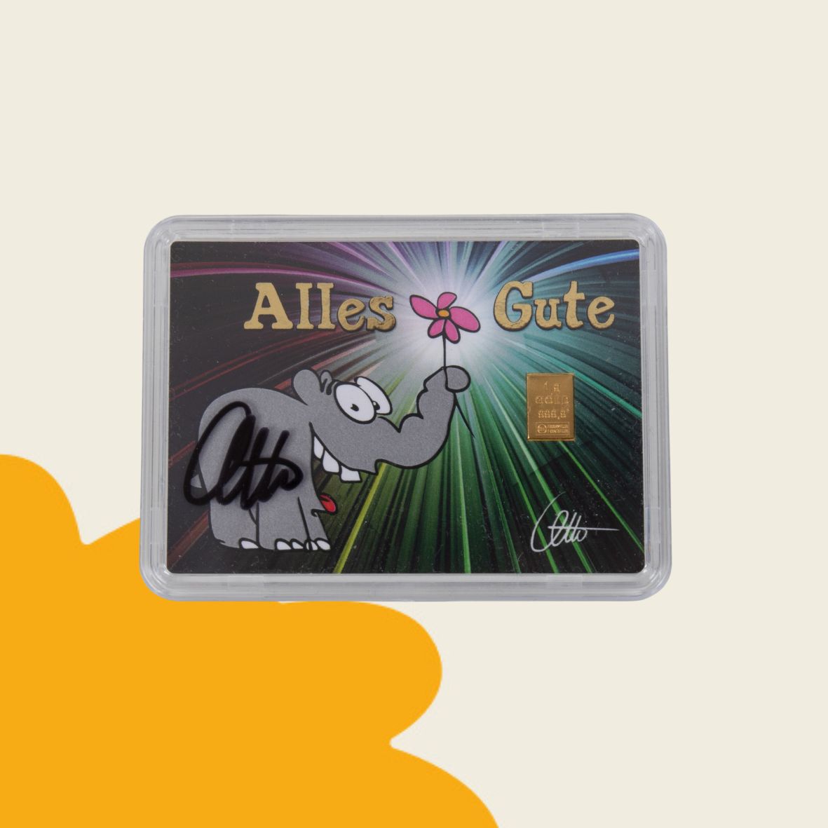 1g Ottifant Goldbarren in "Alles Gute" Motivbox -Schutzkapsel + Original Signatur von Otto Waalkes