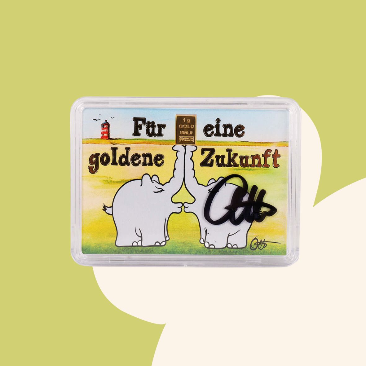 1g Ottifant Goldbarren in "Zukunft" Motivbox - Schutzkapsel mit Original Otto Waalkes Signatur
