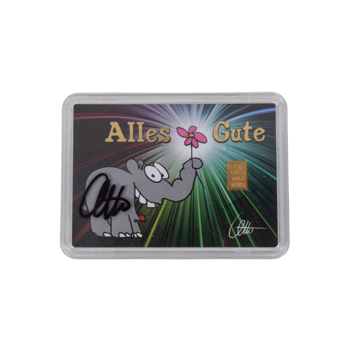 1g Ottifant Goldbarren in "Alles Gute" Motivbox -Schutzkapsel + Original Signatur von Otto Waalkes