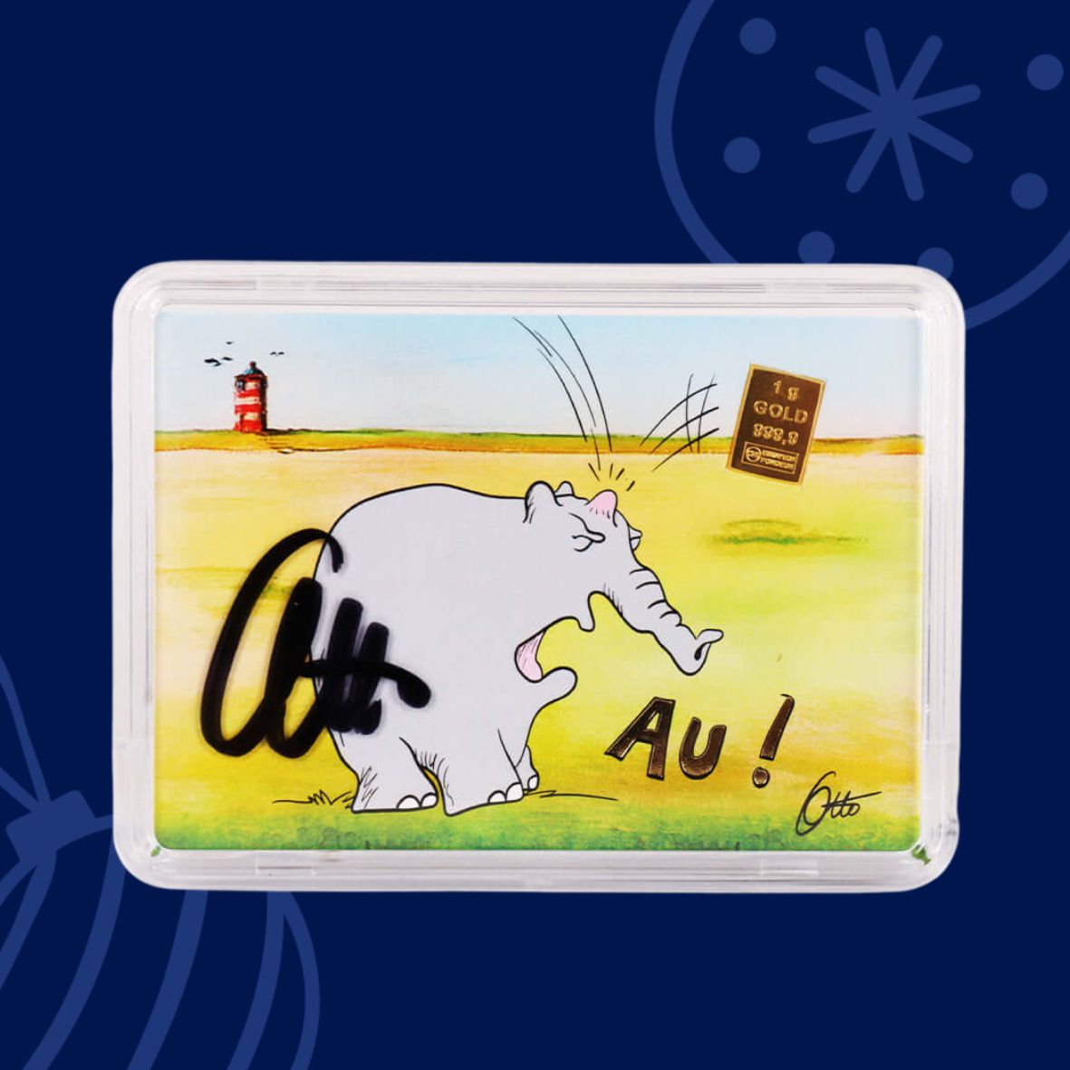 1g Ottifant Goldbarren in "Au" Motivbox -Schutzkapsel + Original Signatur von Otto Waalkes