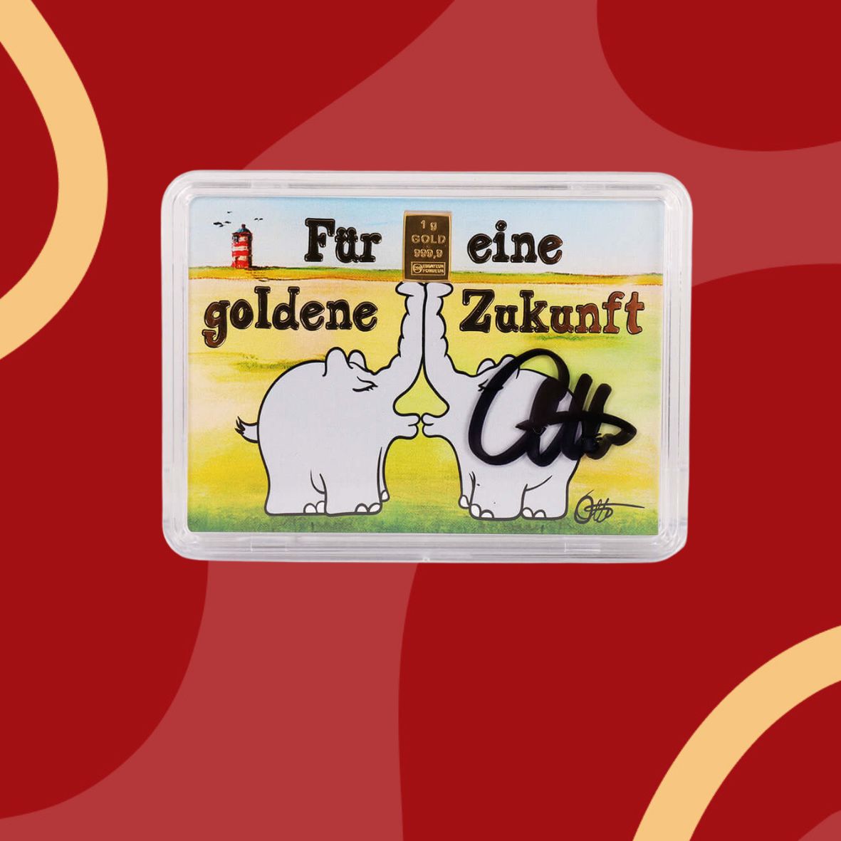 1g Ottifant Goldbarren in "Zukunft" Motivbox - Schutzkapsel mit Original Otto Waalkes Signatur