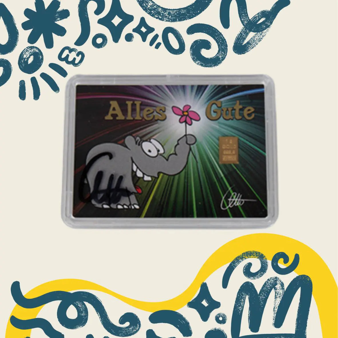 1g Ottifant Goldbarren in "Alles Gute" Motivbox -Schutzkapsel + Original Signatur von Otto Waalkes