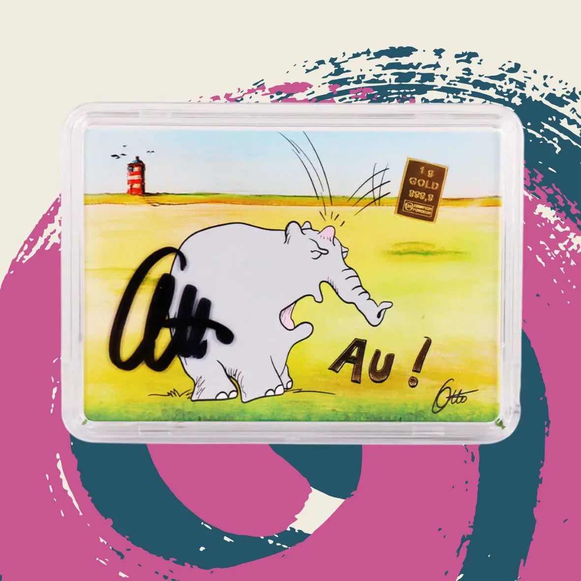 1g Ottifant Goldbarren in "Au" Motivbox -Schutzkapsel + Original Signatur von Otto Waalkes