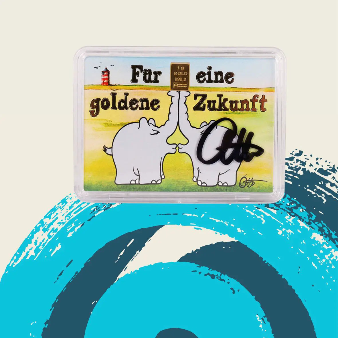 1g Ottifant Goldbarren in "Zukunft" Motivbox - Schutzkapsel mit Original Otto Waalkes Signatur