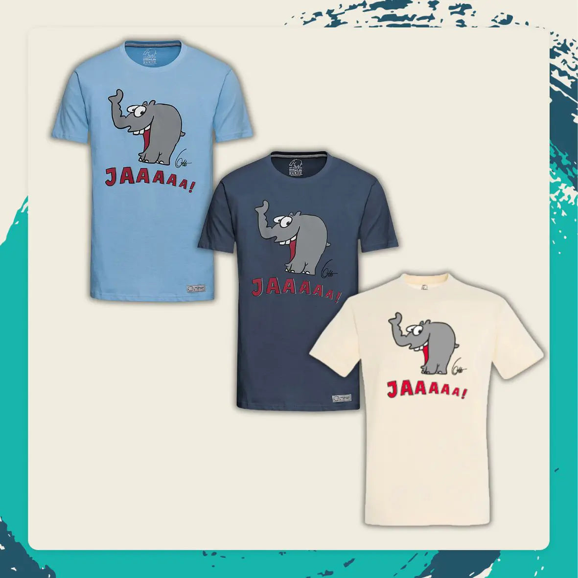 T-Shirt "Lachender Ottifant" Unisex by Otto Waalkes in denim, blau und sand