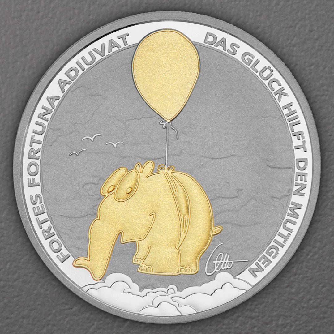 Limitierte 1oz gilded Silbermünze Ottifant "Fortes Fortuna Adiuvat" | mit Etui und Otto Signatur