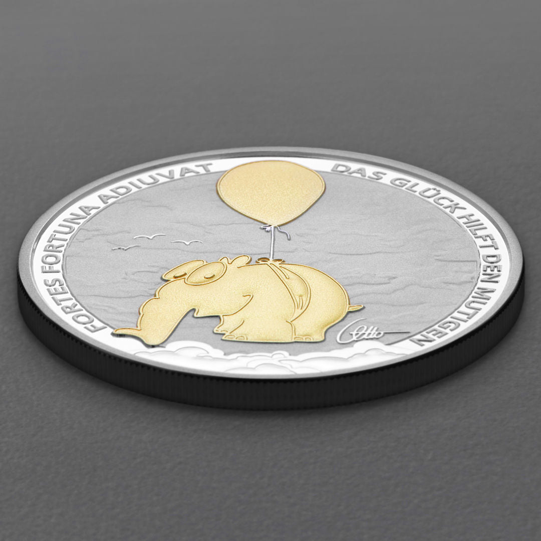 Limitierte 1oz gilded Silbermünze Ottifant "Fortes Fortuna Adiuvat" | mit Etui und Otto Signatur