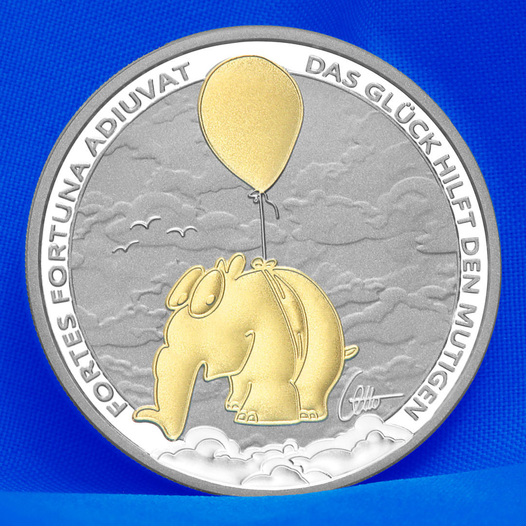 Limitierte 1oz gilded Silbermünze Ottifant "Fortes Fortuna Adiuvat" | mit Etui und Otto Signatur