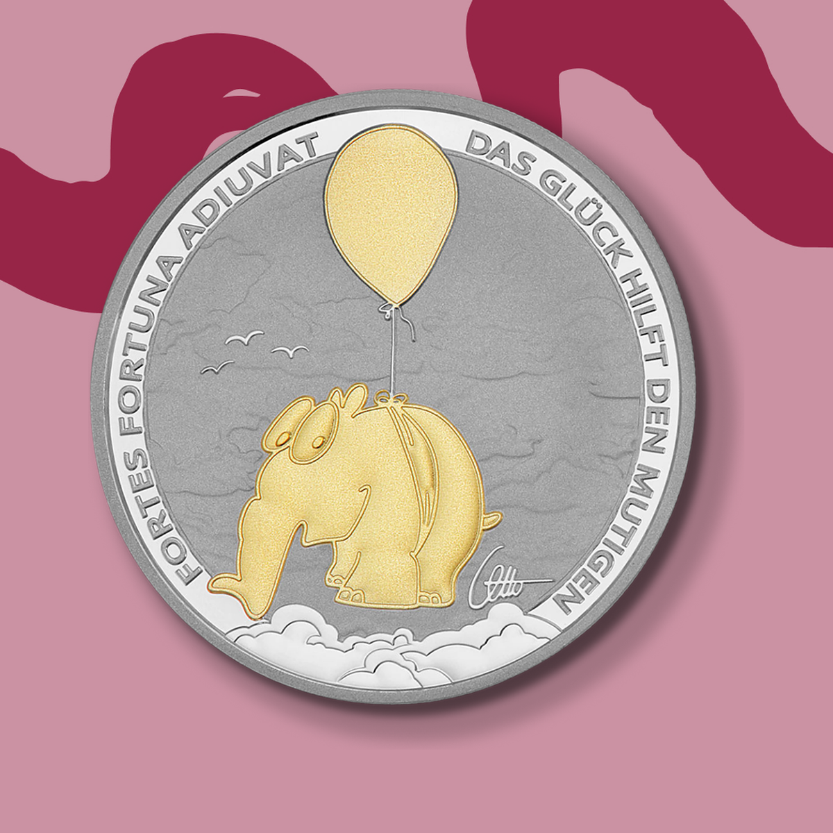 Limitierte 1oz gilded Silbermünze Ottifant "Fortes Fortuna Adiuvat" | mit Etui und Otto Signatur
