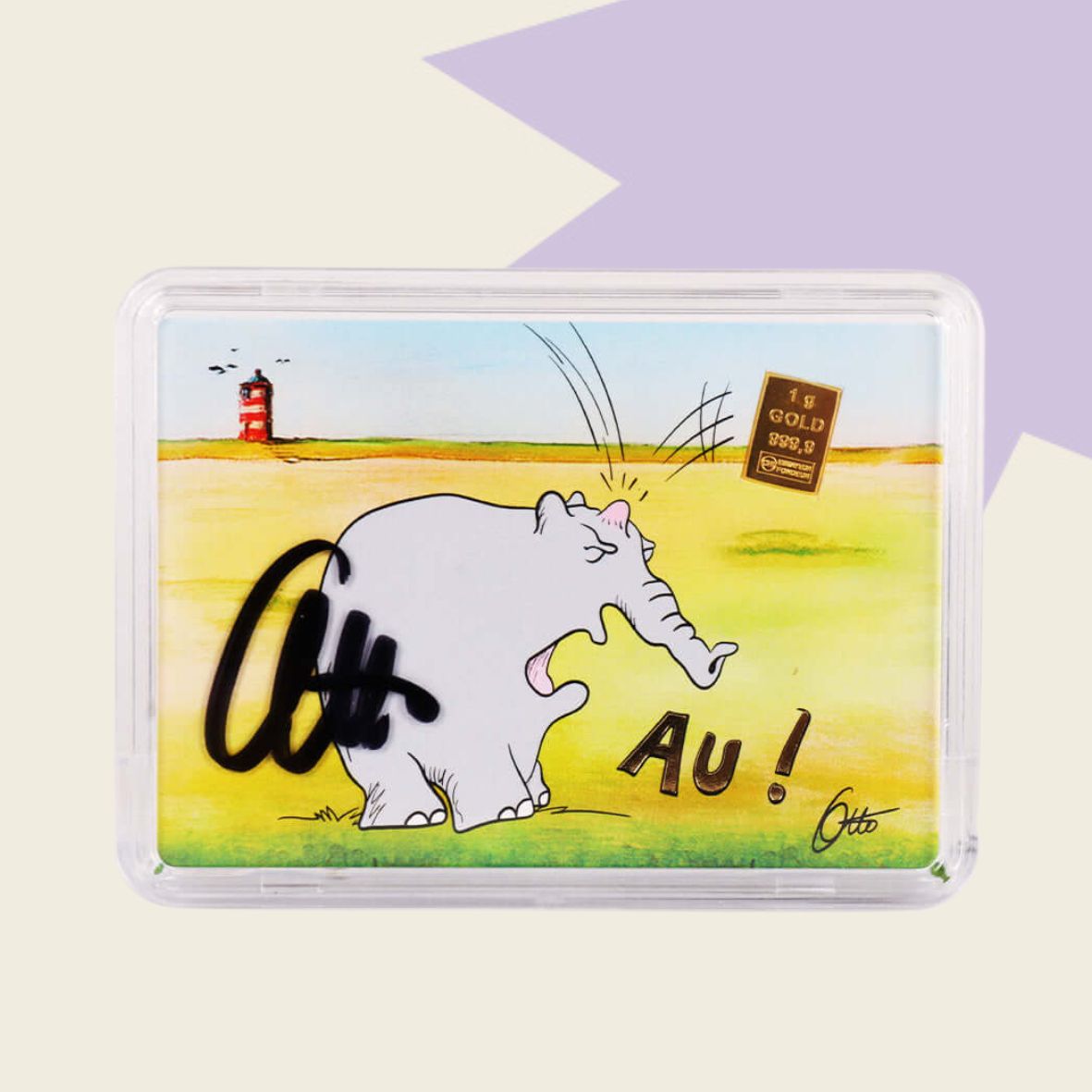 1g Ottifant Goldbarren in "Au" Motivbox -Schutzkapsel + Original Signatur von Otto Waalkes