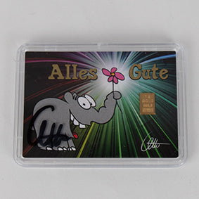 1g Ottifant Goldbarren in "Alles Gute" Motivbox -Schutzkapsel + Original Signatur von Otto Waalkes