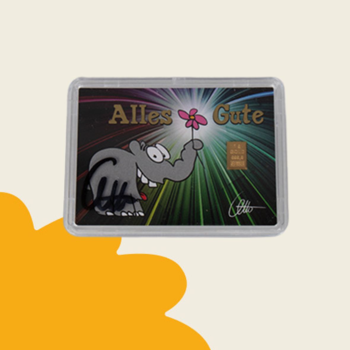 1g Ottifant Goldbarren in "Alles Gute" Motivbox -Schutzkapsel + Original Signatur von Otto Waalkes