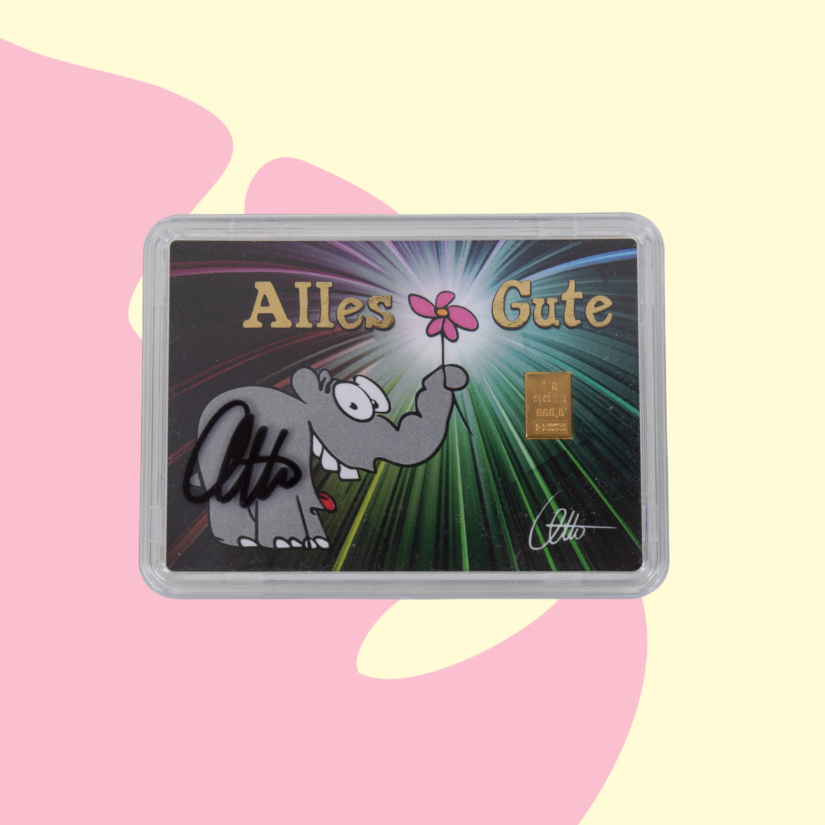 1g Ottifant Goldbarren in "Alles Gute" Motivbox -Schutzkapsel + Original Signatur von Otto Waalkes
