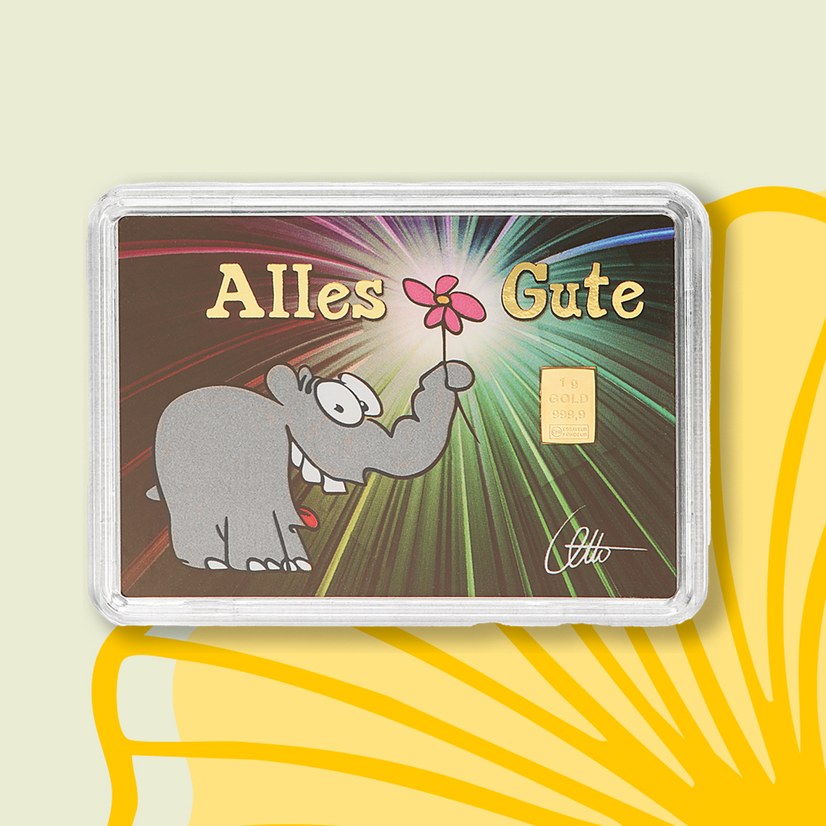 1g Ottifant Goldbarren in "Alles Gute" Motivbox -Schutzkapsel + Original Signatur von Otto Waalkes