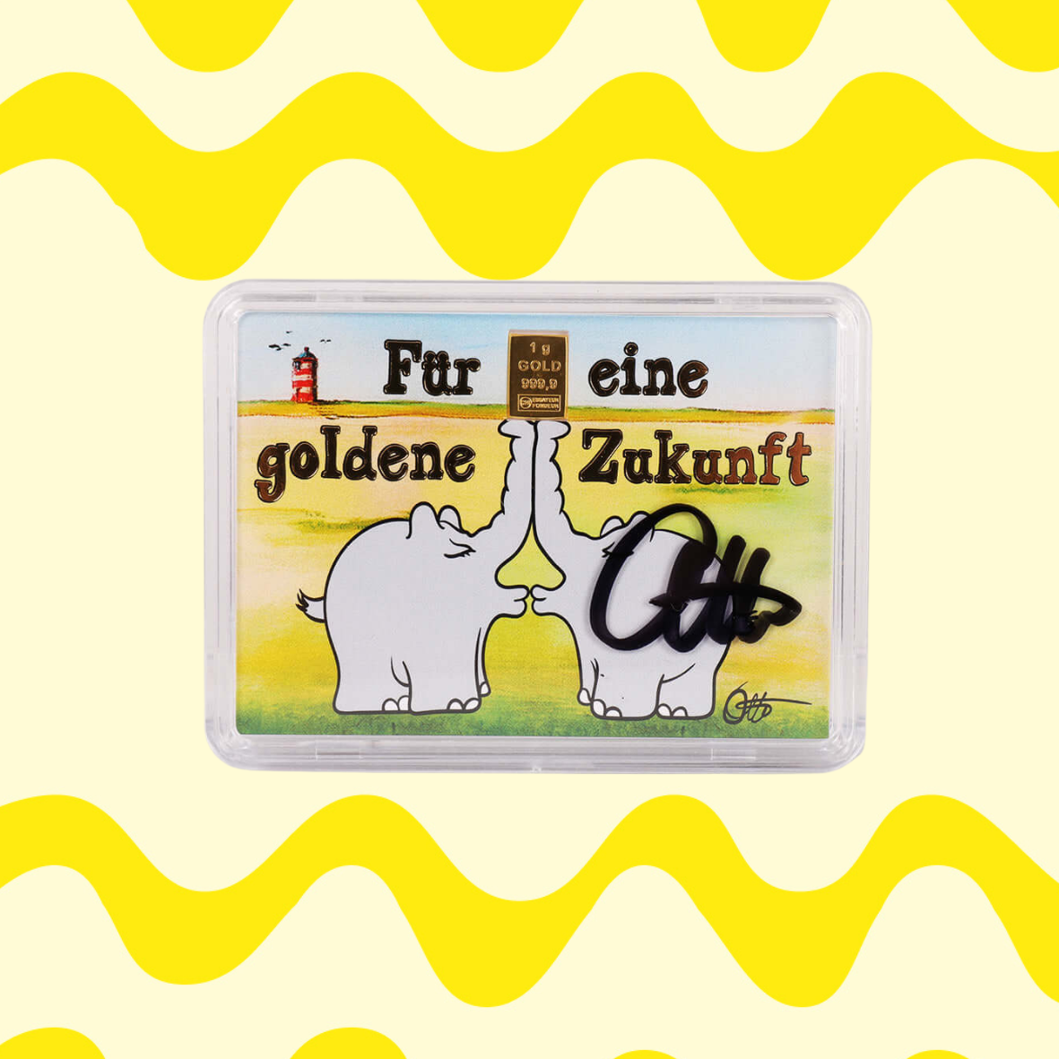 1g Ottifant Goldbarren in "Zukunft" Motivbox - Schutzkapsel mit Original Otto Waalkes Signatur