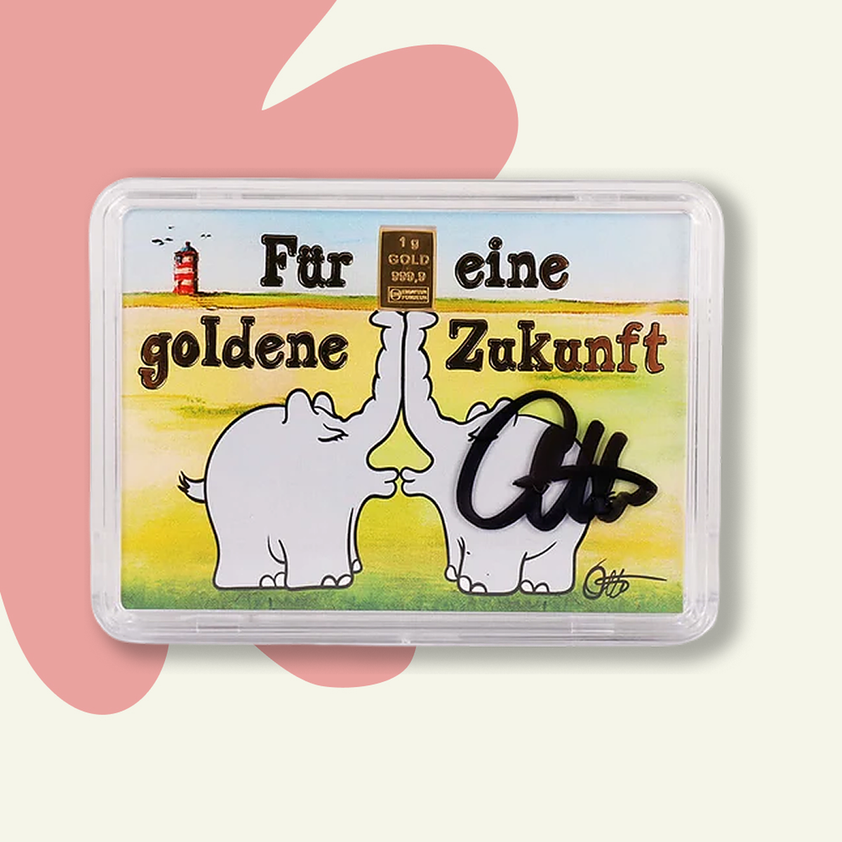 1g Ottifant Goldbarren in "Zukunft" Motivbox - Schutzkapsel mit Original Otto Waalkes Signatur