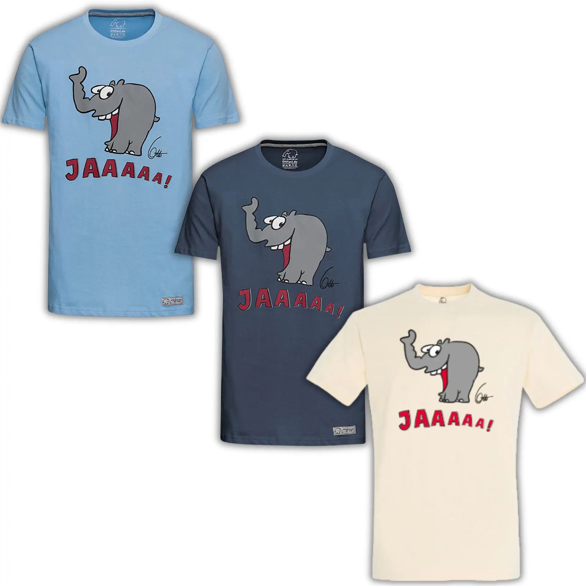 T-Shirt "Lachender Ottifant" Unisex by Otto Waalkes in denim, blau und sand