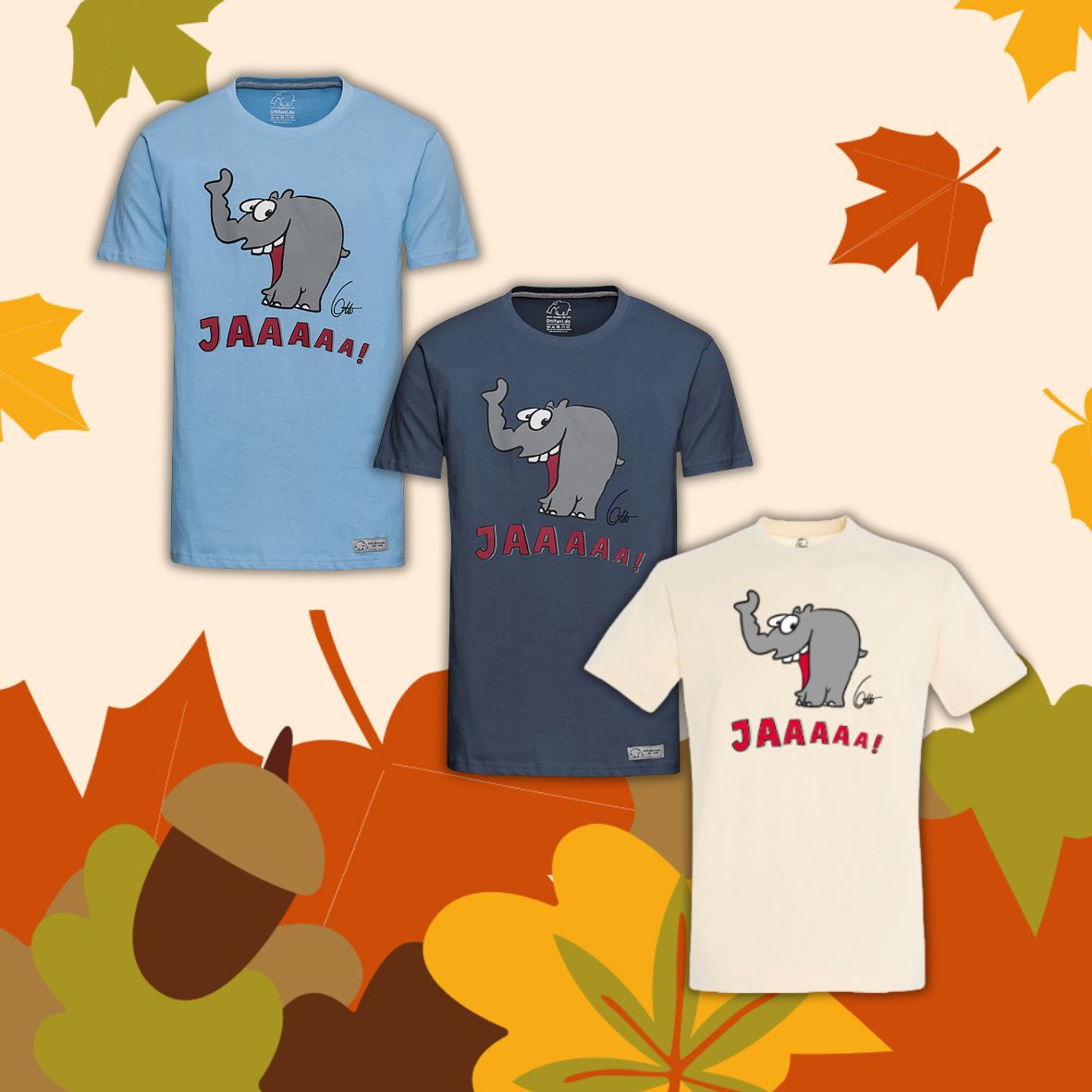 T-Shirt "Lachender Ottifant" Unisex by Otto Waalkes in denim, blau und sand