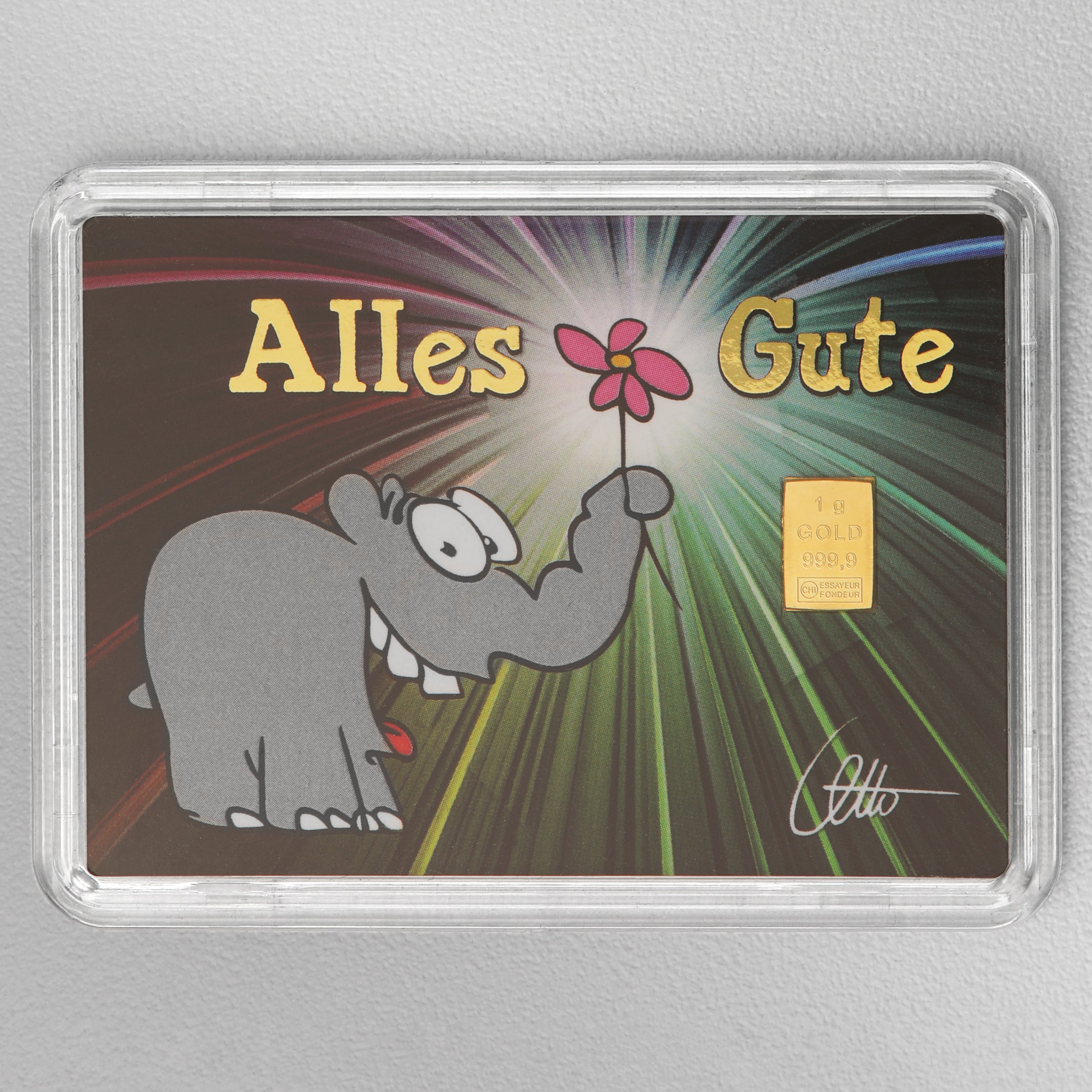 1g Ottifant Goldbarren in "Alles Gute" Motivbox -Schutzkapsel + Original Signatur von Otto Waalkes