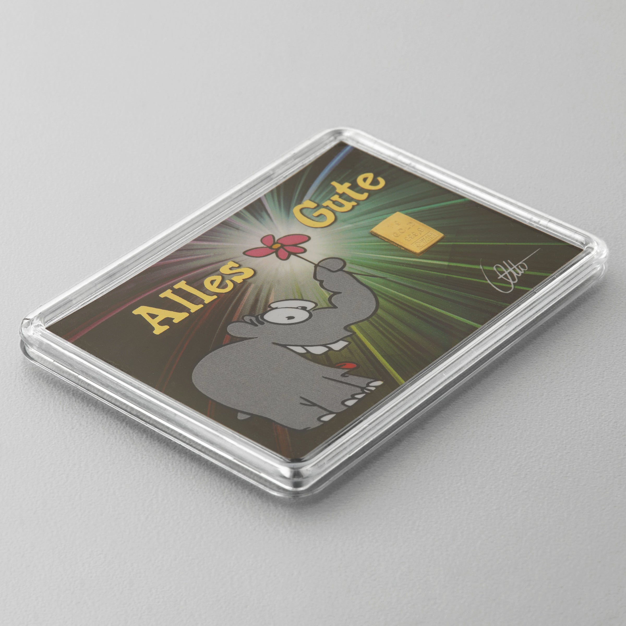1g Ottifant Goldbarren in "Alles Gute" Motivbox -Schutzkapsel + Original Signatur von Otto Waalkes