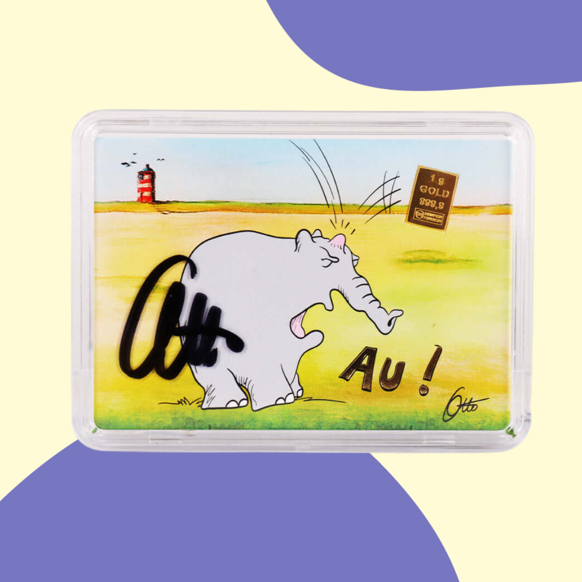 1g Ottifant Goldbarren in "Au" Motivbox -Schutzkapsel + Original Signatur von Otto Waalkes