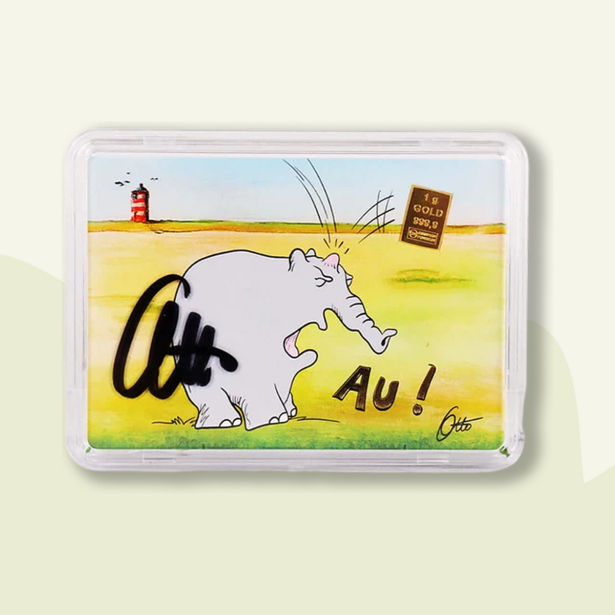1g Ottifant Goldbarren in "Au" Motivbox -Schutzkapsel + Original Signatur von Otto Waalkes