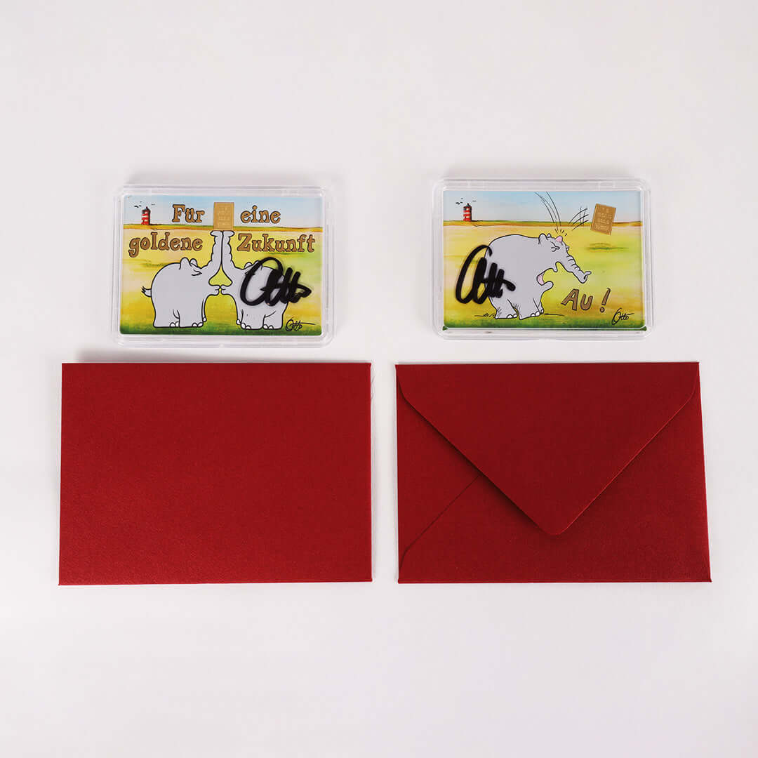 1g Ottifant Goldbarren in "Zukunft" Motivbox - Schutzkapsel mit Original Otto Waalkes Signatur