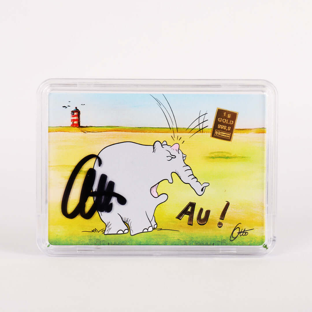 1g Ottifant Goldbarren in "Au" Motivbox -Schutzkapsel + Original Signatur von Otto Waalkes - Ottifant.de