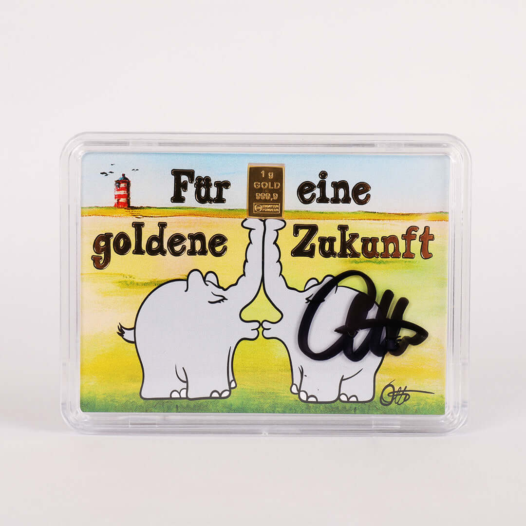 1g Ottifant Goldbarren in "Zukunft" Motivbox - Schutzkapsel mit Original Otto Waalkes Signatur